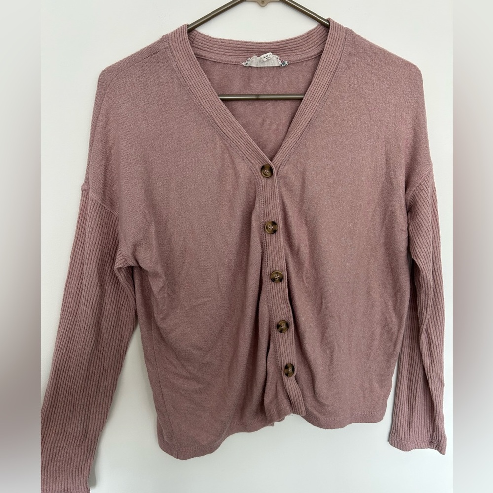 Light Pink Cardigan Sweater With Brown Buttons Size L